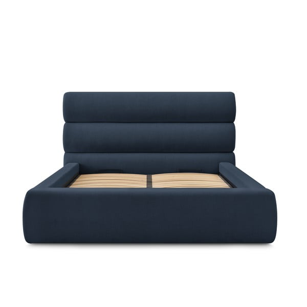 Temno modra oblazinjena zakonska postelja s prostorom za shranjevanje in letvenim dnom 160x200 cm Jagna – Bobochic Paris-image-3