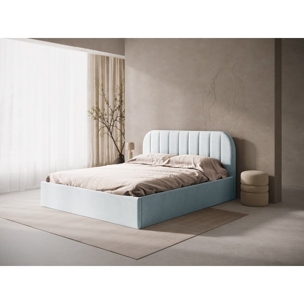 Svetlo siva oblazinjena zakonska postelja s prostorom za shranjevanje/brez vzglavja z letvenim dnom 140x200 cm Susan – Micadoni -image-1