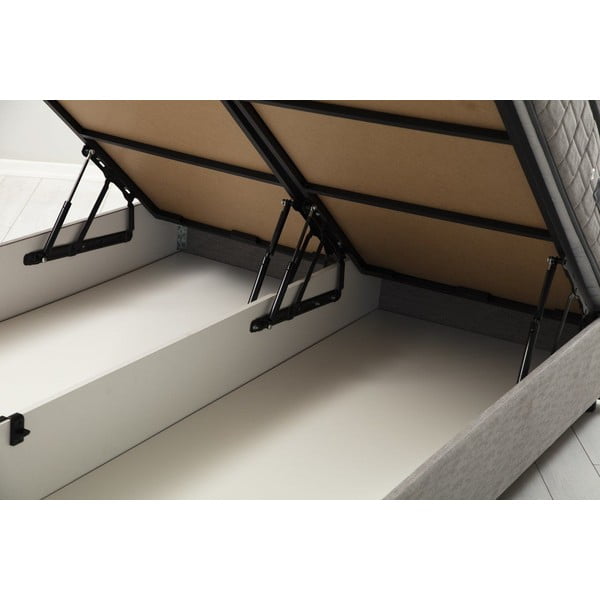 Svetlo siva oblazinjena zakonska postelja s prostorom za shranjevanje z letvenim dnom 160x200 cm Vitalia – Kalune Design-image-1