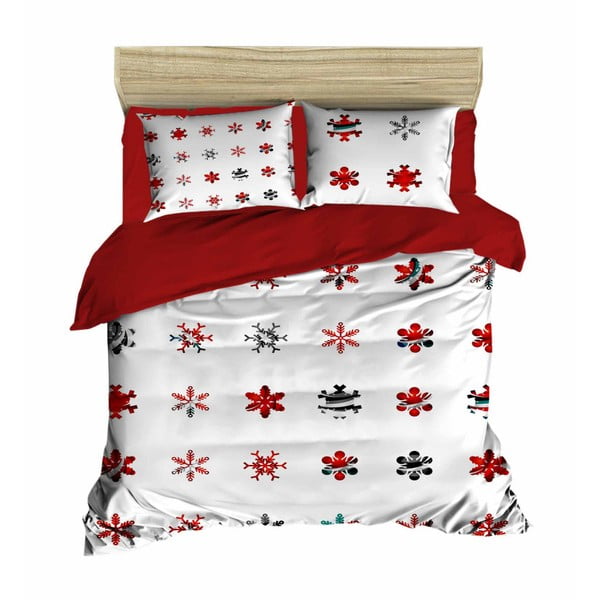 Komplet posteljnine in rjuh za zakonsko posteljo Božič Snežinke Rdeča, 200 x 220 cm