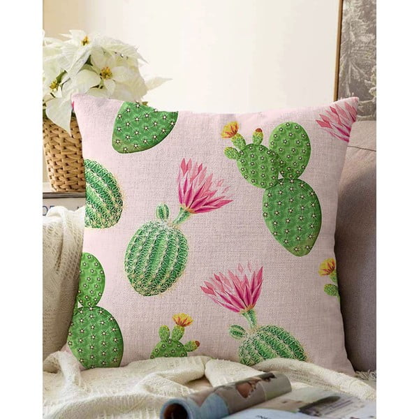 Rožnato-zelena prevleka za vzglavnik iz mešanice bombaža Minimalist Cushion Covers Blooming Cactus, 55 x 55 cm