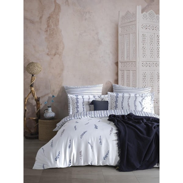 Bela/modra podaljšana posteljnina za zakonsko posteljo iz bombažnega satena 240x220 cm Marseille Floral – Mila Home Luxury