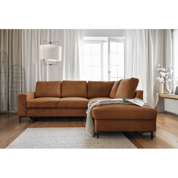 Oranžna/rjava raztegljiva kotna sedežna garnitura iz rebrastega žameta (desni kot) Lofty Lilly – Miuform-image-4