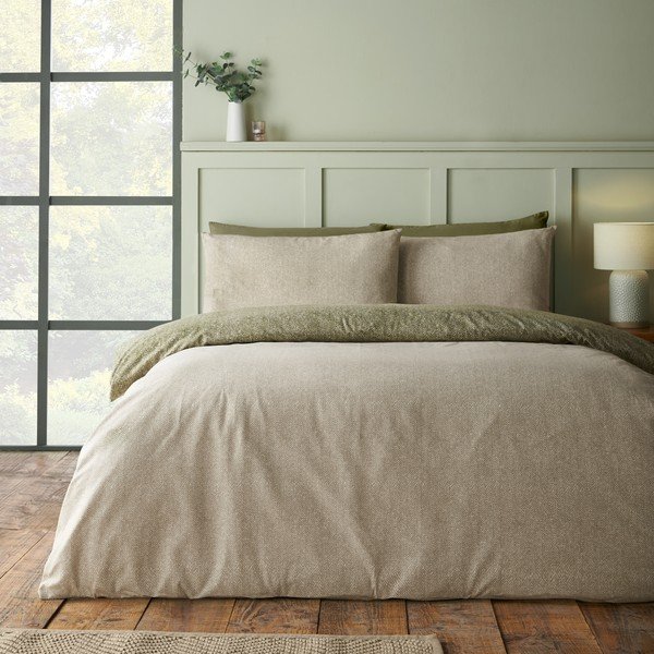 Zelena enojna flanelna posteljnina 135x200 cm Brushed Herringbone – Catherine Lansfield-image-1