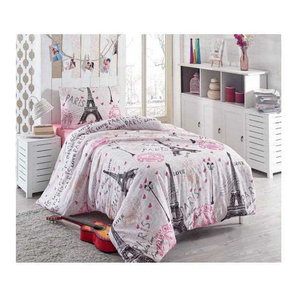 Svetlo rožnata posteljnina za enojno posteljo z mešanico bombaža Iz Parisa, 140 x 200 cm
