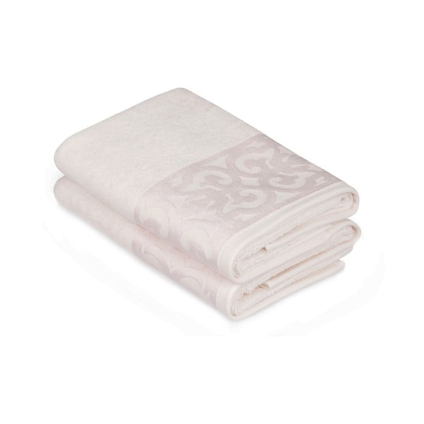 Komplet 2 beliih bombažnih brisač za roke s krem detajlom Grace, 50 x 90 cm