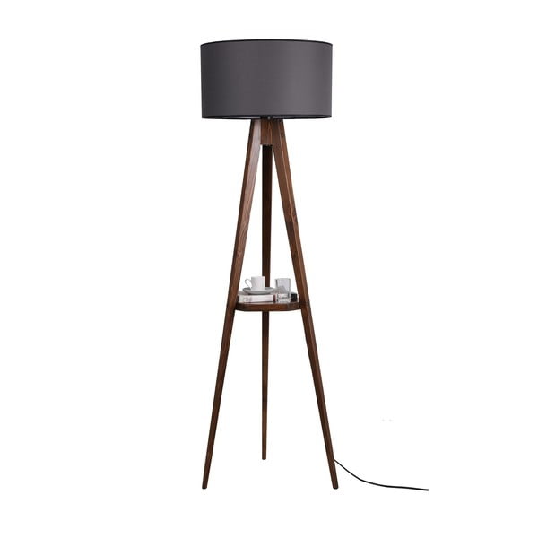 Črna/rjava stoječa svetilka s polico s tekstilnim senčilom (višina 154 cm) Sehbali Tripod – Opviq lights
