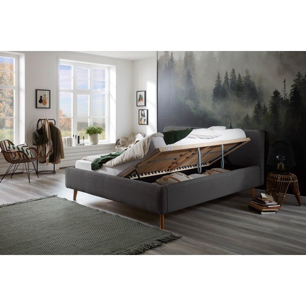 Temno siva oblazinjena zakonska postelja s prostorom za shranjevanje z letvenim dnom 180x200 cm Mattis Cord – Meise Möbel-image-1