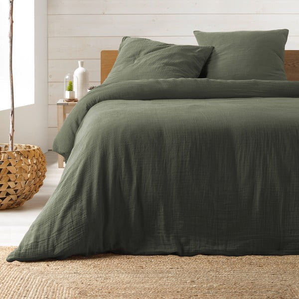 Kaki zelena podaljšana posteljnina za zakonsko posteljo iz muslina 220x240 cm Angelia – douceur d'intérieur