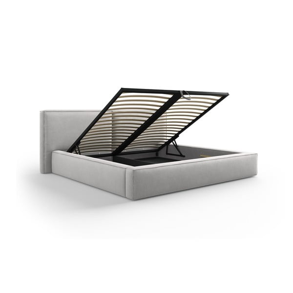Svetlo siva oblazinjena zakonska postelja s prostorom za shranjevanje in letvenim dnom 140x200 cm Arendal – Cosmopolitan Design-image-3