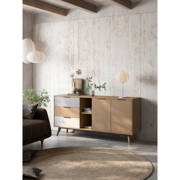 Nizka komoda iz masivnega bora v naravni barvi 165x81 cm Elfa – Marckeric-image-1