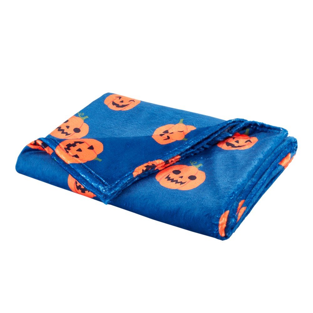 Modra/oranžna odeja z motivom za noč čarovnic iz mikropliša 130x170 cm Halloween Pumpkins