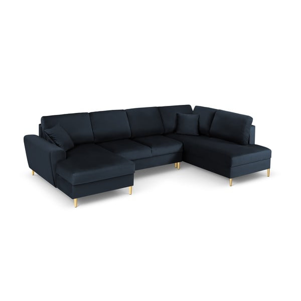 Temno modra žametna raztegljiva kotna sedežna garnitura s prostorom za shranjevanje (desni kot/v obliki črke "U") Kyoto – Cosmopolitan Design-image-1
