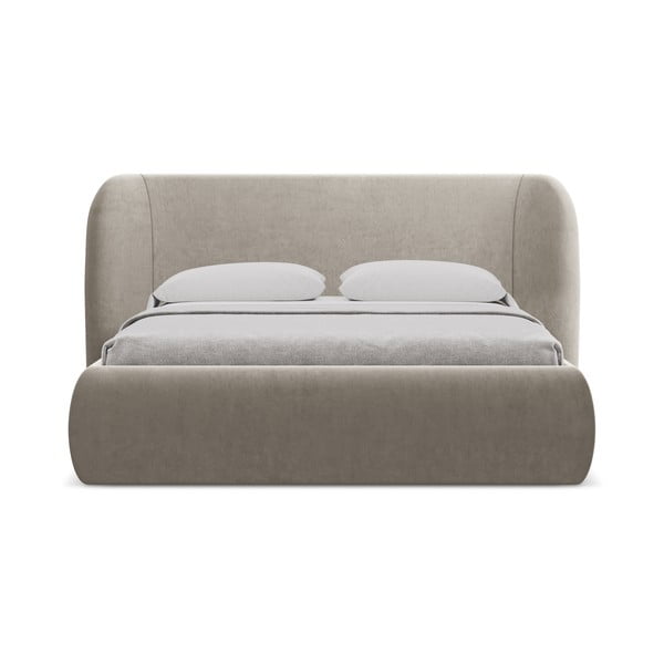Sivorjava oblazinjena zakonska postelja s prostorom za shranjevanje z letvenim dnom 140x200 cm Hauke – Makamii-image-3