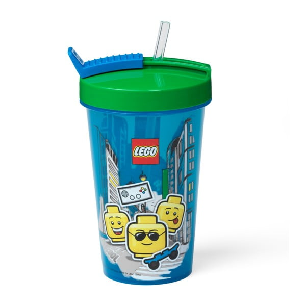 Modra skodelica z zelenim pokrovom in slamico LEGO® Iconic, 500 ml