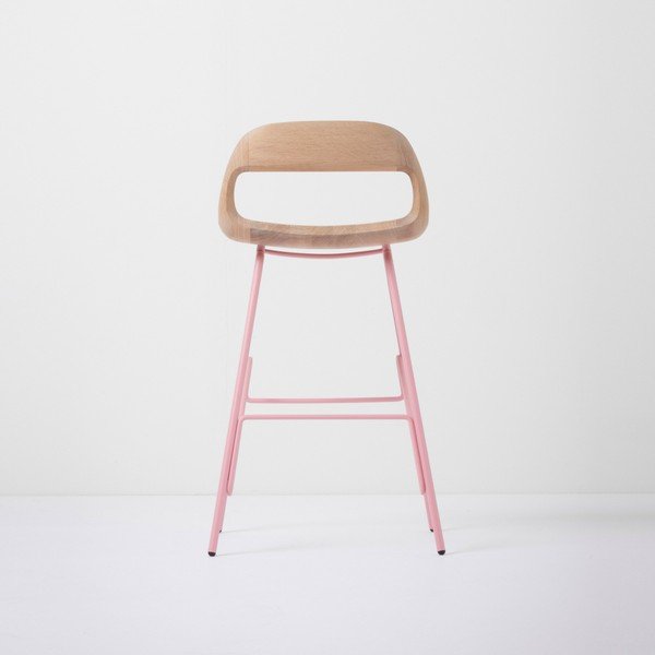 Barski stol z masivnim hrastovim sedežem in rožnatimi nogami Gazzda Leina, višina 84 cm-image-3