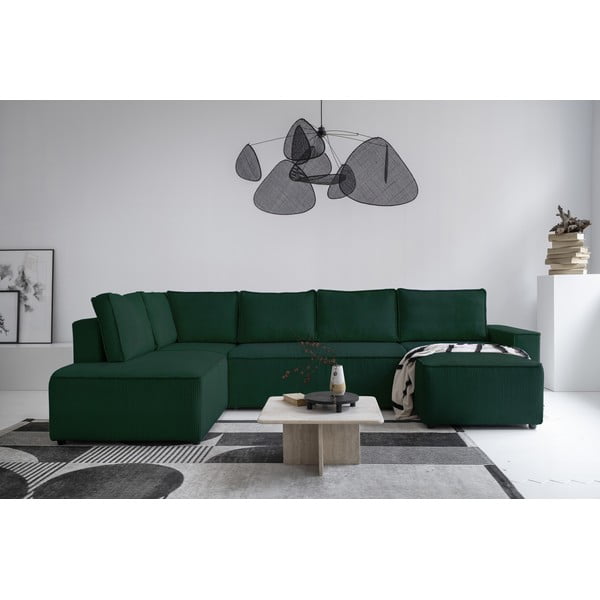 Temno zelena raztegljiva kotna sedežna garnitura iz rebrastega žameta (levi kot/v obliki črke "U") Brave Dave – Miuform-image-1