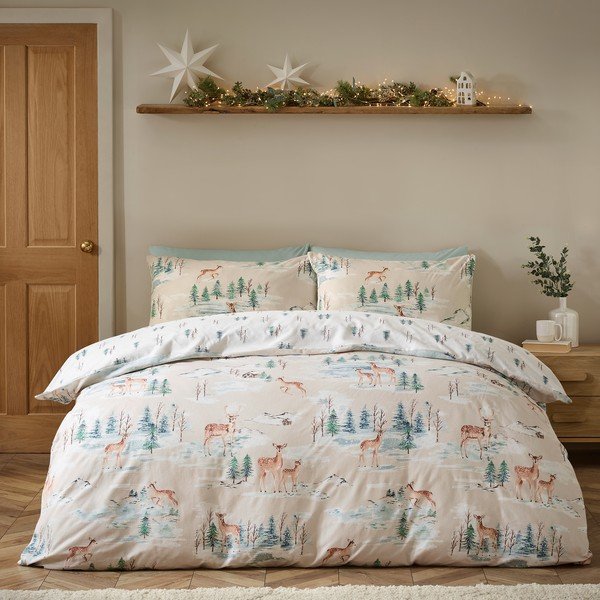 Enojna flanelna posteljnina v naravni barvi 135x200 cm Brushed Christmas Deer – Catherine Lansfield-image-2