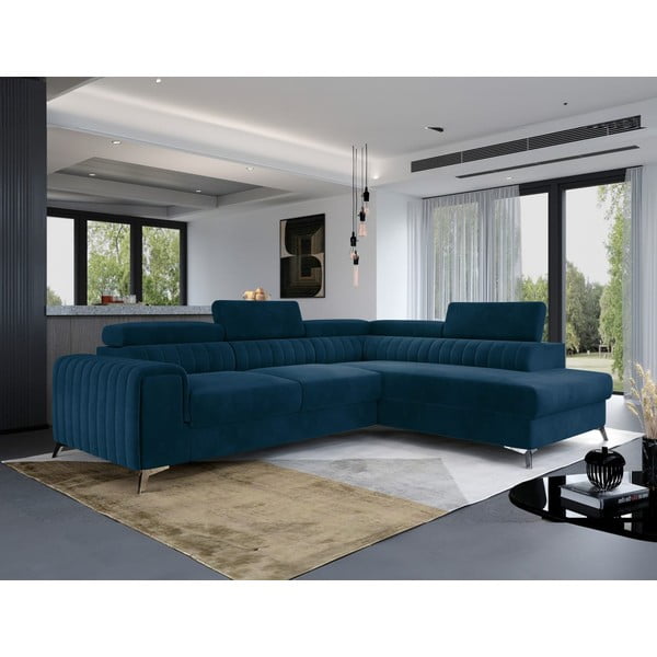 Modra žametna raztegljiva/s prostorom za shranjevanje kotna sedežna garnitura (desni kot/v obliki črke L) Laurence – ELTAP-image-4