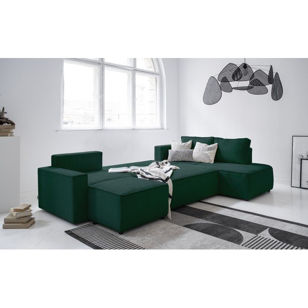 Temno zelena raztegljiva kotna sedežna garnitura iz rebrastega žameta (desni kot/v obliki črke "U") Brave Dave – Miuform-image-3