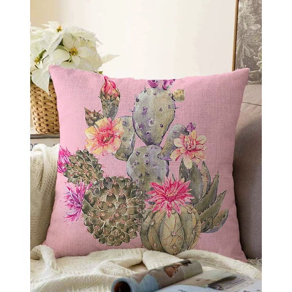 Rožnata prevleka za vzglavnik iz mešanice bombaža Minimalist Cushion Covers Blooming Cacti, 55 x 55 cm