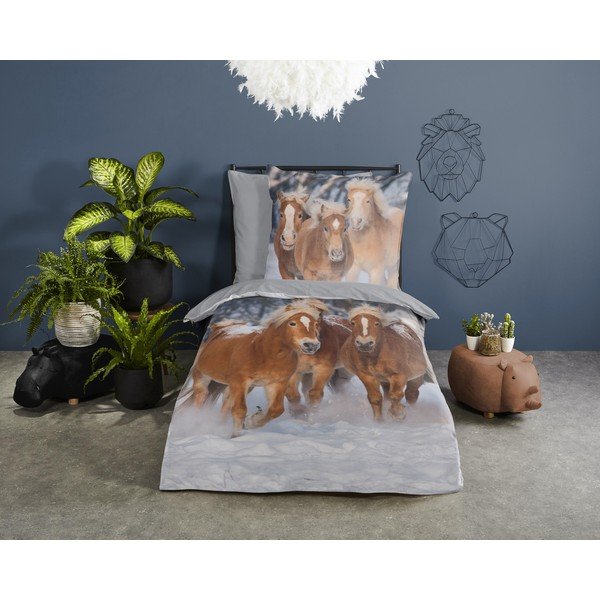 Siva enojna flanelna otroška posteljnina 140x200 cm Happy Horses – Good Morning-image-1