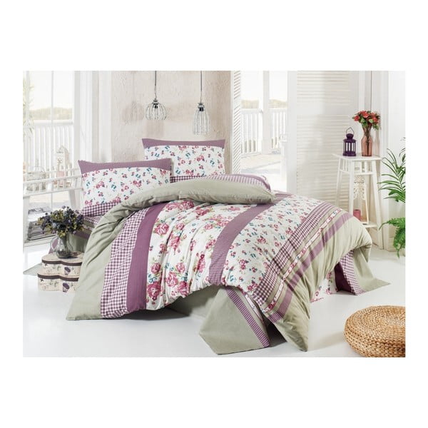 Vijolično-siva bombažna rančforce rjuha za zakonsko posteljo Lisa, 200 x 220 cm