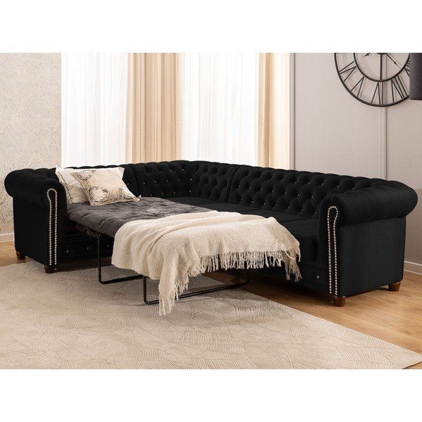 Črna žametna raztegljiva kotna sedežna garnitura (levi kot/v obliki črke L) York Blik – Ropez-image-1