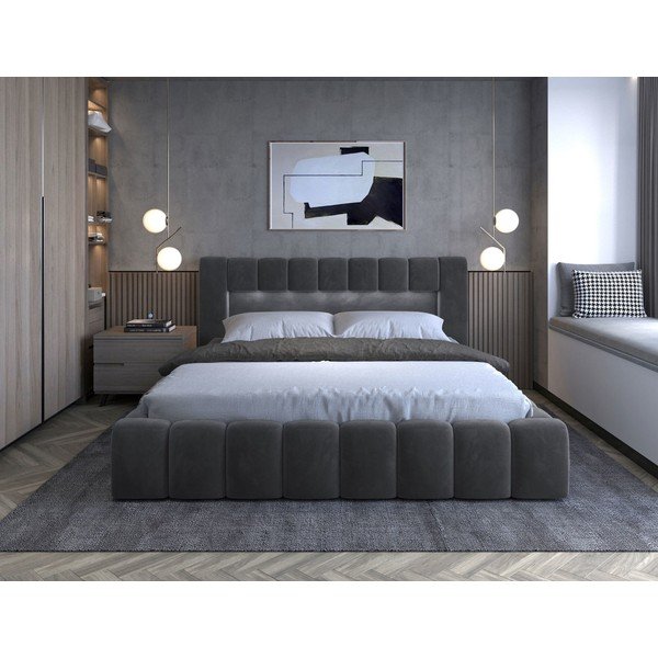 Siva oblazinjena zakonska postelja s prostorom za shranjevanje in z letvenim dnom 160x200 cm Lamica – ELTAP-image-2