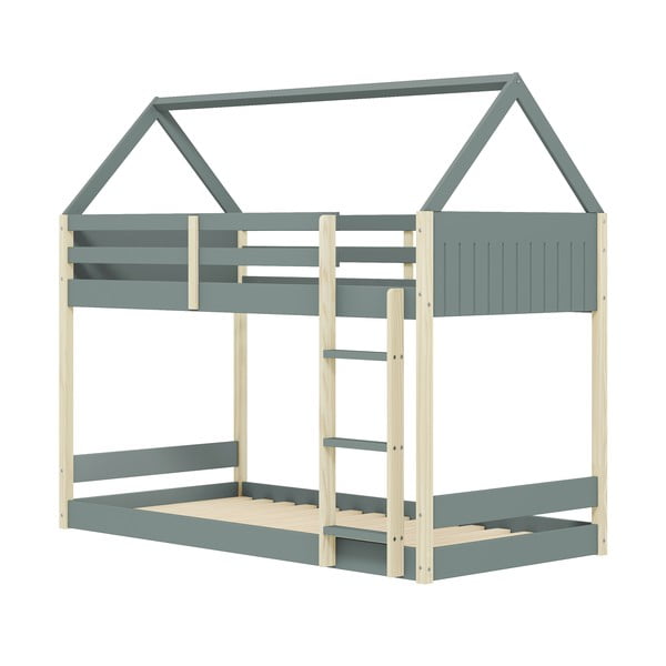 Otroška postelja v obliki hiške/pograd z letvenim dnom 90x190 cm v naravni barvi/prašno zelena Valka – Marckeric-image-3