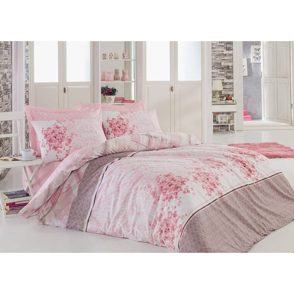 Roza bombažna posteljnina z rjuho za zakonsko posteljo Sonya Powder, 200 x 220 cm