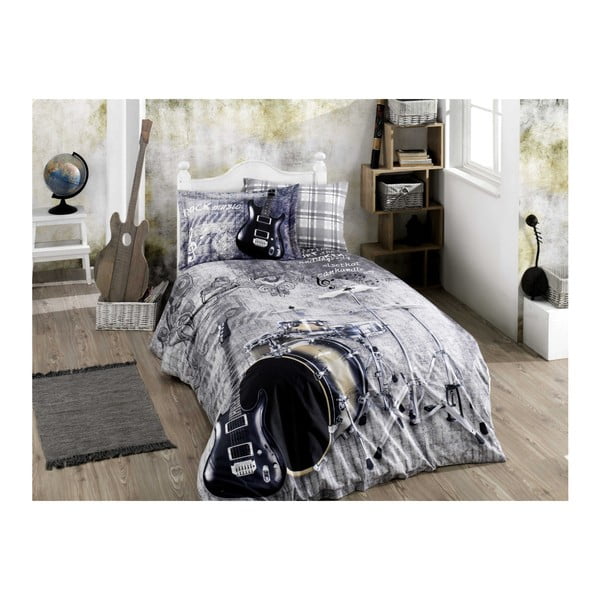 Bombažno popelino posteljno perilo z rjuho za zakonsko posteljo Rock Music Grey, 160 x 220 cm