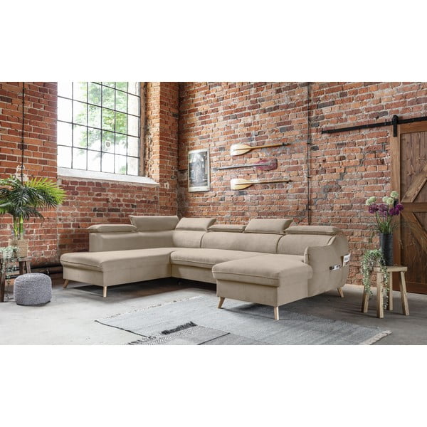 Bež žametna raztegljiva kotna sedežna garnitura (levi kot/v obliki črke "U") Sweet Harmony – Miuform-image-3