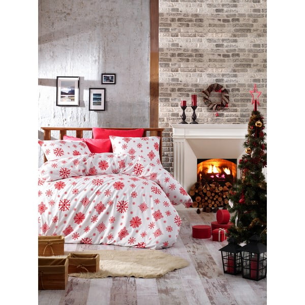 Posteljno perilo z rjuho za eno enojno posteljo iz ranforce bombaža Nazenin Home Snežno rdeča, 140 x 200 cm