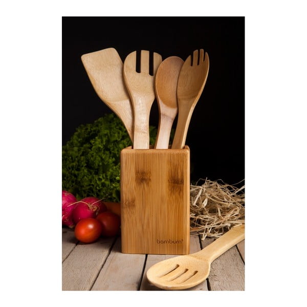 Komplet kuhinjskih pripomočkov iz bambusa v stojalu Bambum Ravioli-image-1