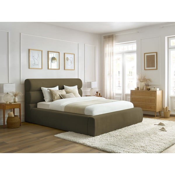 Temno zelena oblazinjena zakonska postelja s prostorom za shranjevanje in letvenim dnom 160x200 cm Jagna – Bobochic Paris-image-1