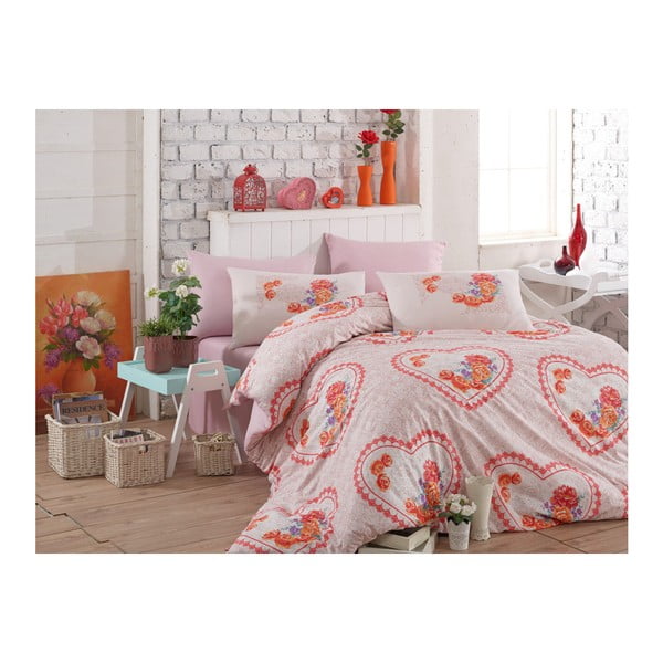 Bombažna posteljnina z rjuho za zakonsko posteljo Lovely Pink, 200 x 220 cm