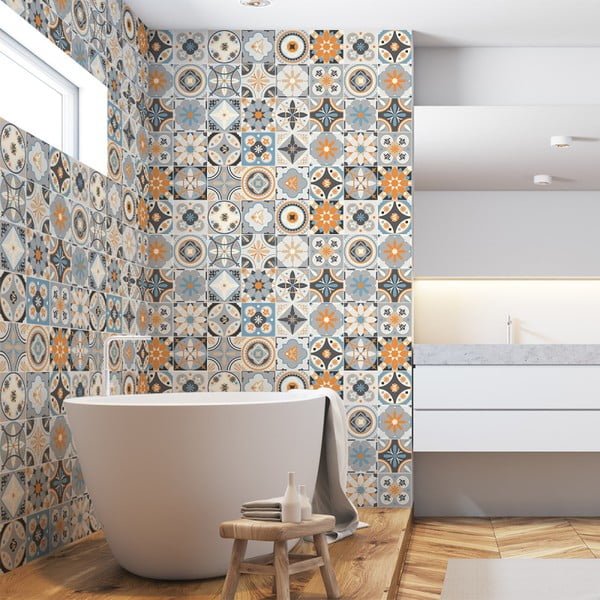 Komplet 60 stenskih nalepk Ambiance Wall Decal Cement Tiles Azulejos Vincinda, 10 x 10 cm
