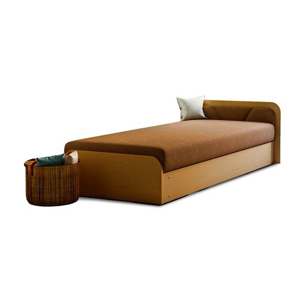 Oker rumena/rjava oblazinjena postelja iz iverne plošče s prostorom za shranjevanje in z vzmetnico 80x190 cm Parys – ELTAP