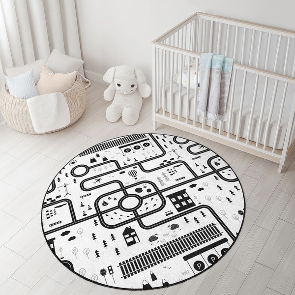 Črno-bela pralna otroška igralna preproga ø100 cm In My Town – Mila Home-image-3