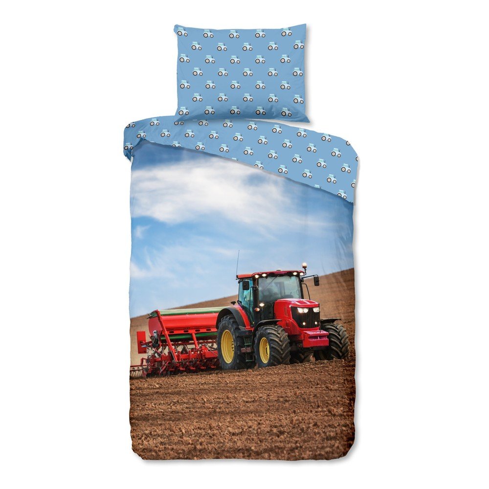 Modra enojna flanelna otroška posteljnina 140x200 cm Tractor