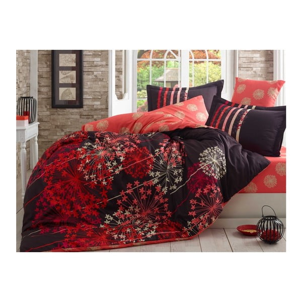 Rdeče bombažno satenasto posteljno perilo z rjuho za zakonsko posteljo Fiorella, 200 x 220 cm