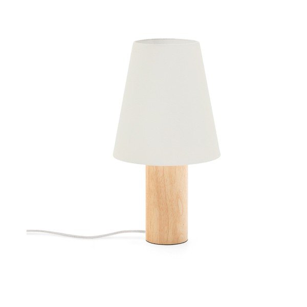 Bela/v naravni barvi namizna svetilka iz masivnega kavčukovca s tekstilnim senčilom (višina 49,5 cm) Marga – Kave Home