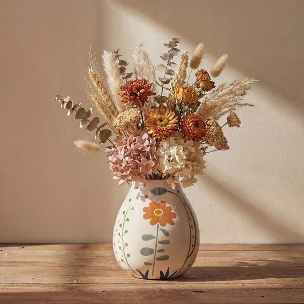 Kremno bela lončena ročno poslikana vaza (višina 17 cm) Taza – Bloomingville-image-1