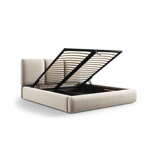 Kremno bela žametna oblazinjena zakonska postelja s prostorom za shranjevanje in z letvenim dnom 160x200 cm Brody – Mazzini Beds-image-3