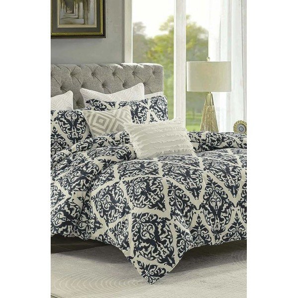 Črna/bež 4-delna podaljšana posteljnina za zakonsko posteljo iz renforce bombaža z rjuho 200x220 cm Damask – Mila Home-image-1