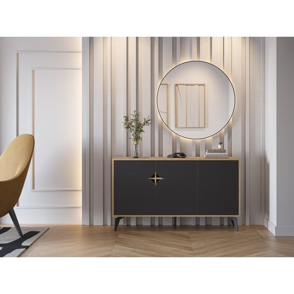 Črna/naravna nizka komoda v hrastovem dekorju 140x79 cm Nola – Marckeric-image-1