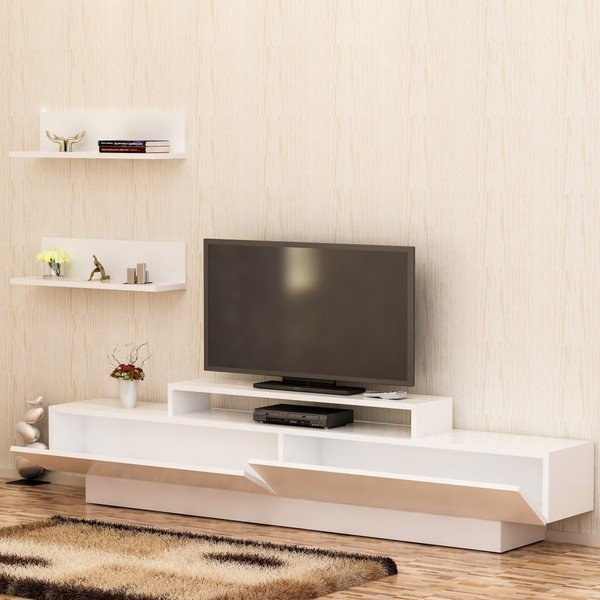 Komplet bele TV mizice in 2 stenskih polic Lucca TV White-image-3