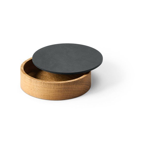 Antracitno siva dekorativna škatla za shranjevanje s pokrovom iz lesa in eko usnja ø 11x3,5 cm Circle Nupo – LIND DNA-image-1