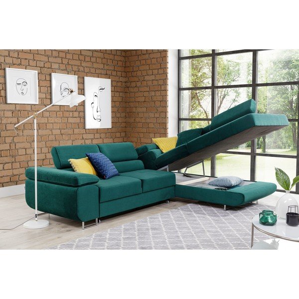 Zelena žametna raztegljiva/s prostorom za shranjevanje kotna sedežna garnitura (desni kot/v obliki črke L) Anton – ELTAP-image-3